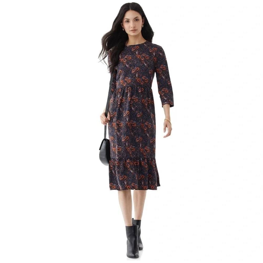 Scoop Womens Tiered Paisley Maxi Dress Navy Orange 3/4 Sleeve‎ Small 4-6 NWT